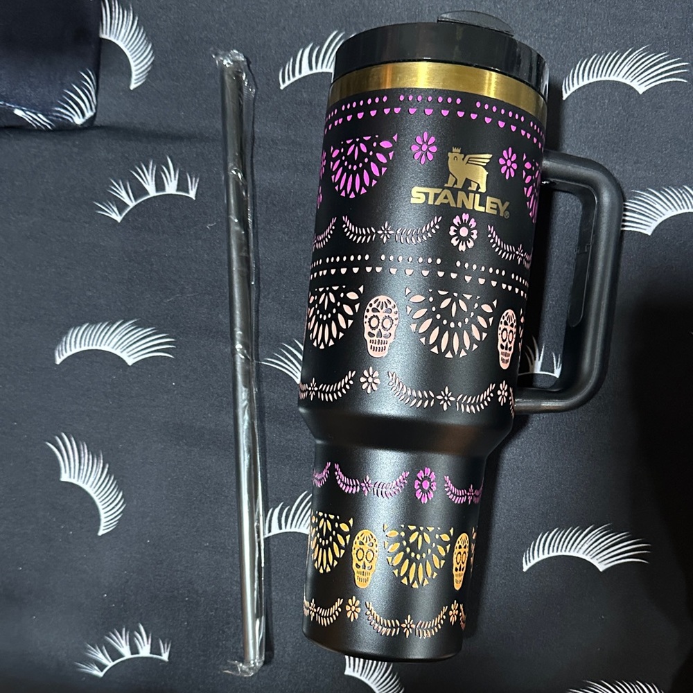 Stanley 40oz Black Travel Mug with Pink & Gold Day-of-the-Dead Design